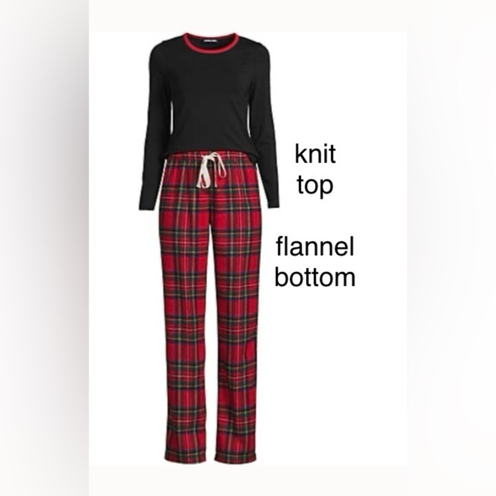 LANDSEND WOMENS PJ SET Knit Tee Shirt Top & Cotton Flannel Pants